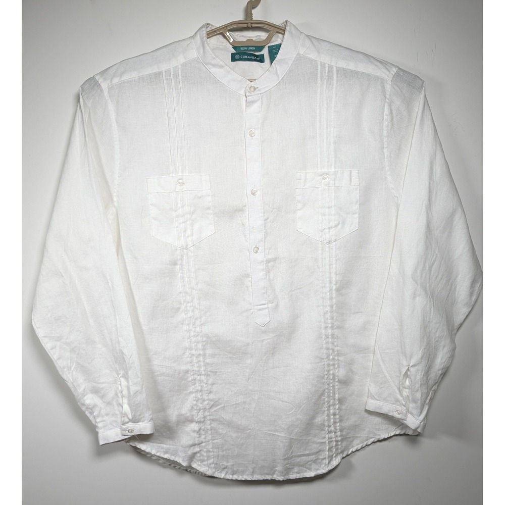 Cubavera Mens Pullover Guayabera Shirt Pintuck 100% Linen White Regular Fit XL